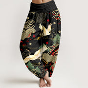 Buddha Stones Print Crane Auspicious Clouds Flowers Pattern Women's Elastic Waist Harem Cotton Pants - Blcak - US16，UK/AU20，EU48 (3XL) - image 0