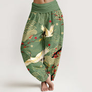 Buddha Stones Print Crane Auspicious Clouds Flowers Pattern Women's Elastic Waist Harem Cotton Pants - MediumSeaGreen - US16，UK/AU20，EU48 (3XL) - image 5