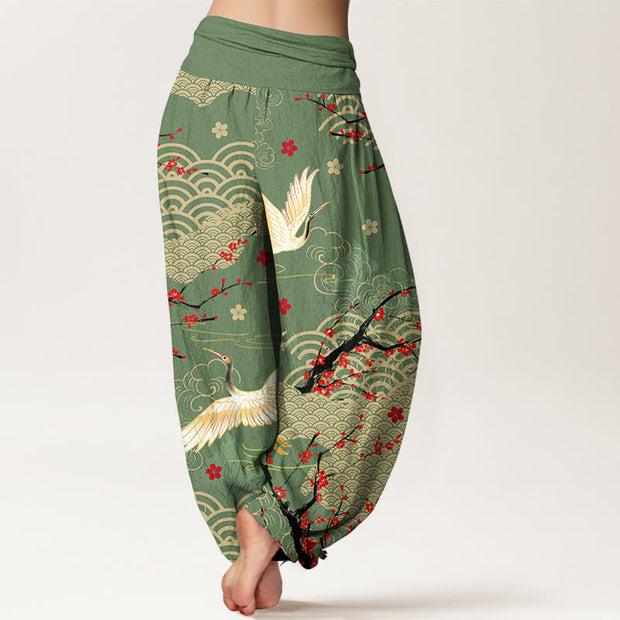 Buddha Stones Print Crane Auspicious Clouds Flowers Pattern Women's Elastic Waist Harem Cotton Pants - image 6