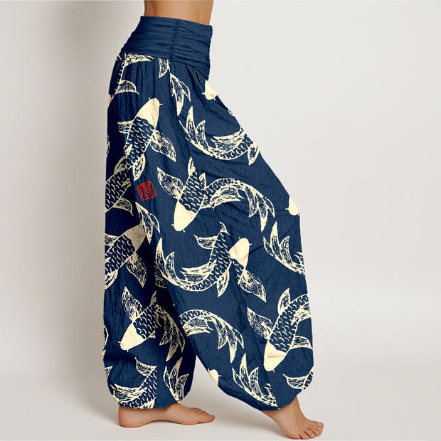 Buddha Stones Pure Cotton Swimming Koi Fish Women's Elastic Waist Harem Pants - image 2