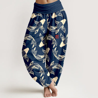 Buddha Stones Pure Cotton Swimming Koi Fish Women's Elastic Waist Harem Pants - SteelBlue - US16，UK/AU20，EU48 (3XL) - image 0