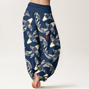 Buddha Stones Pure Cotton Swimming Koi Fish Women's Elastic Waist Harem Pants - image 1
