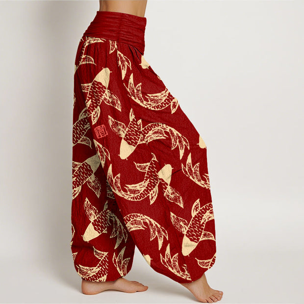 Buddha Stones Pure Cotton Swimming Koi Fish Women's Elastic Waist Harem Pants - image 7