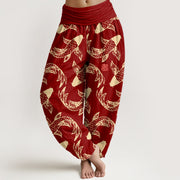 Buddha Stones Pure Cotton Swimming Koi Fish Women's Elastic Waist Harem Pants - FireBrick - US16，UK/AU20，EU48 (3XL) - image 5