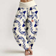 Buddha Stones Pure Cotton Swimming Koi Fish Women's Elastic Waist Harem Pants - Linen - US16，UK/AU20，EU48 (3XL) - image 8