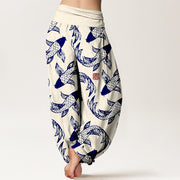 Buddha Stones Pure Cotton Swimming Koi Fish Women's Elastic Waist Harem Pants - image 9