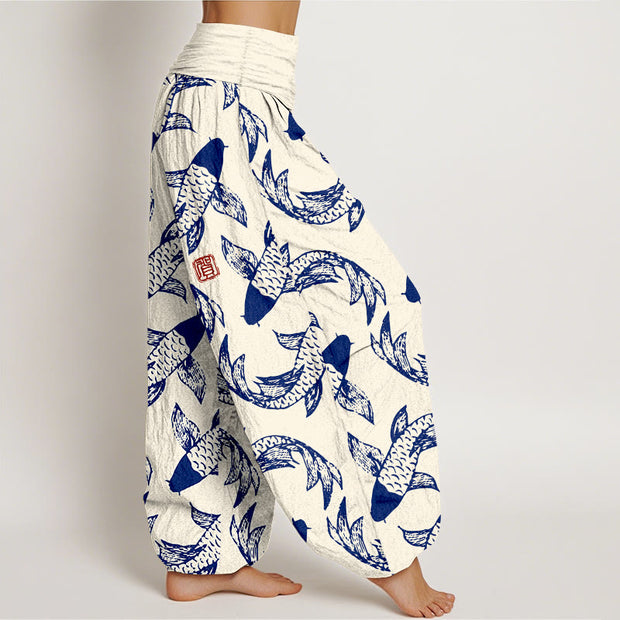 Buddha Stones Pure Cotton Swimming Koi Fish Women's Elastic Waist Harem Pants - image 10