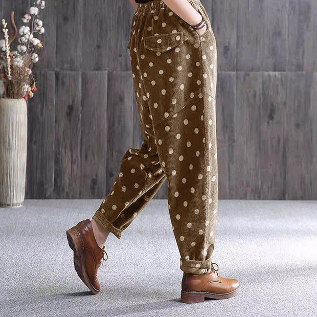 Buddha Stones Women's Fall Commute Printing Dot Pattern Corduroy Harem Pants With Pockets - image 4