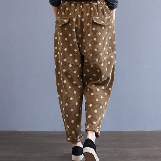 Buddha Stones Women's Fall Commute Printing Dot Pattern Corduroy Harem Pants With Pockets - image 6