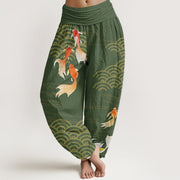 Buddha Stones Pure Cotton Red Koi Fish Fan-shaped Waves Women's Elastic Waist Harem Pants - MediumSeaGreen - US16，UK/AU20，EU48 (3XL) - image 0