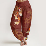 Buddha Stones Pure Cotton Red Koi Fish Fan-shaped Waves Women's Elastic Waist Harem Pants - FireBrick - US16，UK/AU20，EU48 (3XL) - image 5