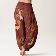 Buddha Stones Pure Cotton Red Koi Fish Fan-shaped Waves Women's Elastic Waist Harem Pants - image 6