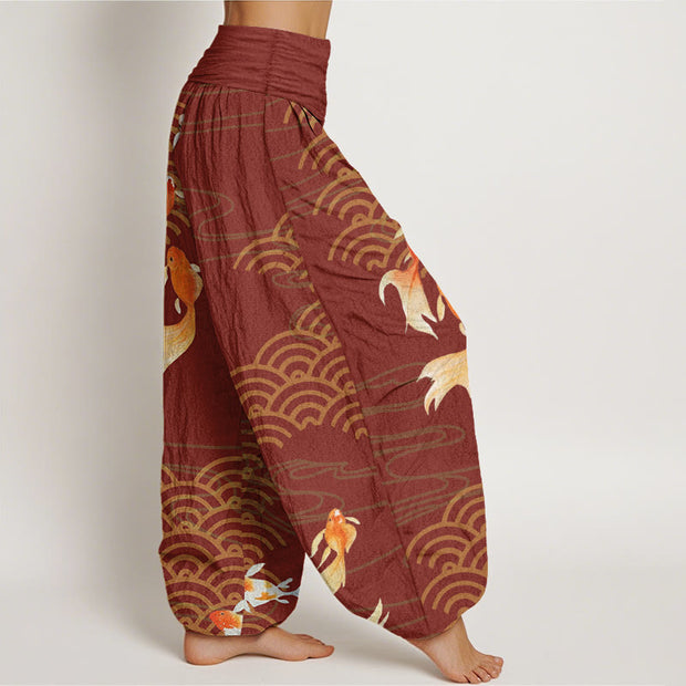 Buddha Stones Pure Cotton Red Koi Fish Fan-shaped Waves Women's Elastic Waist Harem Pants - image 7