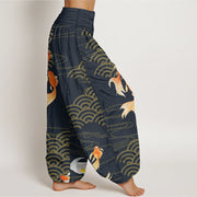 Buddha Stones Pure Cotton Red Koi Fish Fan-shaped Waves Women's Elastic Waist Harem Pants - image 10