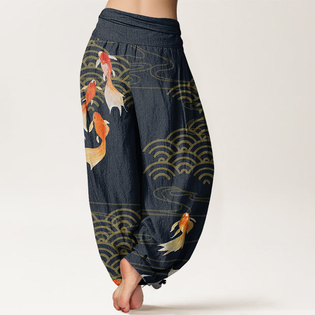 Buddha Stones Pure Cotton Red Koi Fish Fan-shaped Waves Women's Elastic Waist Harem Pants - image 9