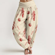 Buddha Stones Print Hand-painted Flowers Branches Pattern Women's Elastic Waist Harem Cotton Pants - Beige & Red - US16，UK/AU20，EU48 (3XL) - image 0