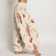 Buddha Stones Print Hand-painted Flowers Branches Pattern Women's Elastic Waist Harem Cotton Pants - image 2