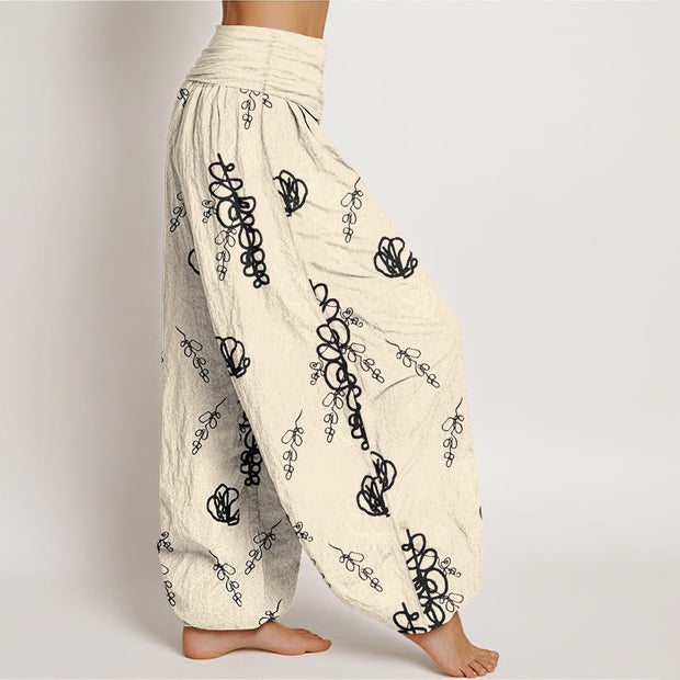Buddha Stones Print Hand-painted Flowers Branches Pattern Women's Elastic Waist Harem Cotton Pants - image 10