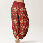 Buddha Stones Print Dragon Auspicious Cloud Lantern Pattern Women's Elastic Waist Harem Cotton Pants - image 1