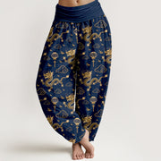 Buddha Stones Print Dragon Auspicious Cloud Lantern Pattern Women's Elastic Waist Harem Cotton Pants - MidnightBlue - US16，UK/AU20，EU48 (3XL) - image 5