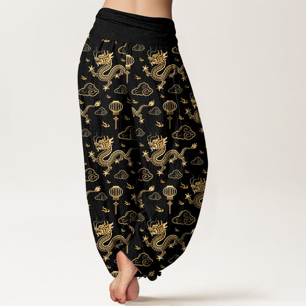 Buddha Stones Print Dragon Auspicious Cloud Lantern Pattern Women's Elastic Waist Harem Cotton Pants - image 9