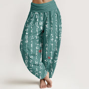Buddha Stones Print Calligraphic Style Pattern Pure Cotton Women's Elastic Waist Harem Pants - DarkCyan - US16，UK/AU20，EU48 (3XL) - image 5