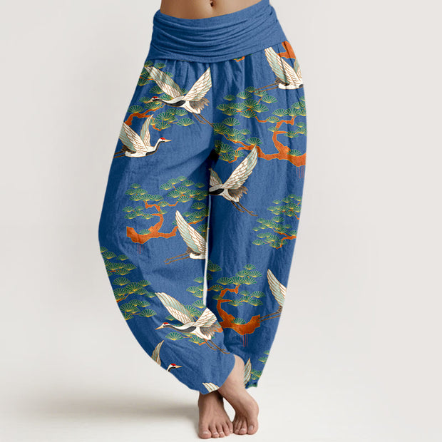 Buddha Stones Print Pine Tree Crane Pattern Pure Cotton Women's Elastic Waist Harem Pants - RoyalBlue - US16，UK/AU20，EU48 (3XL) - image 0
