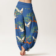 Buddha Stones Print Pine Tree Crane Pattern Pure Cotton Women's Elastic Waist Harem Pants - image 1