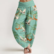 Buddha Stones Print Pine Tree Crane Pattern Pure Cotton Women's Elastic Waist Harem Pants - MediumSeaGreen - US16，UK/AU20，EU48 (3XL) - image 5