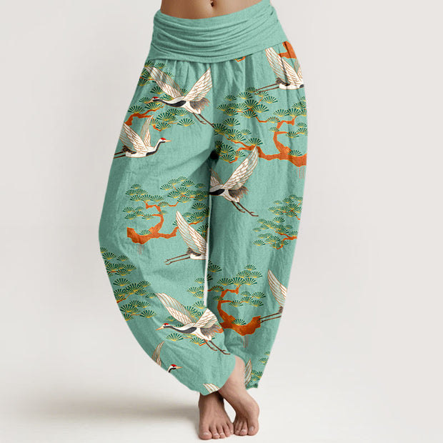 Buddha Stones Print Pine Tree Crane Pattern Pure Cotton Women's Elastic Waist Harem Pants - MediumSeaGreen - US16，UK/AU20，EU48 (3XL) - image 5