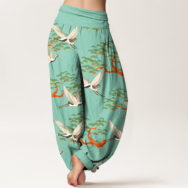 Buddha Stones Print Pine Tree Crane Pattern Pure Cotton Women's Elastic Waist Harem Pants - image 6