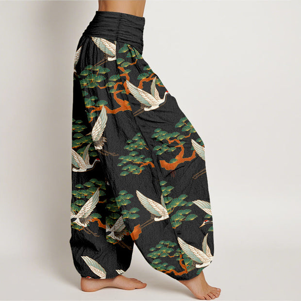 Buddha Stones Print Pine Tree Crane Pattern Pure Cotton Women's Elastic Waist Harem Pants - image 10