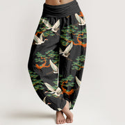 Buddha Stones Print Pine Tree Crane Pattern Pure Cotton Women's Elastic Waist Harem Pants - image 9