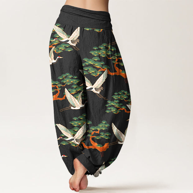 Buddha Stones Print Pine Tree Crane Pattern Pure Cotton Women's Elastic Waist Harem Pants - Blcak - US16，UK/AU20，EU48 (3XL) - image 8