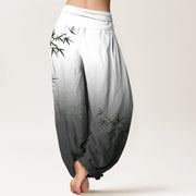 Buddha Stones Casual Bamboo Leaves Gradient Pattern Pure Cotton Women's Elastic Waist Harem Pants - image 6