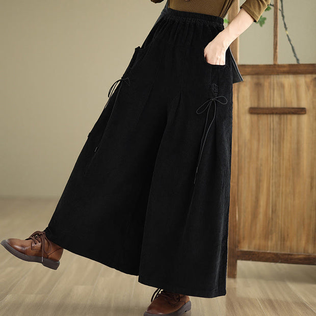 Buddha Stones Women's Pure Color Drawstring Design Wide Leg Corduroy Pants With Pockets - image 14