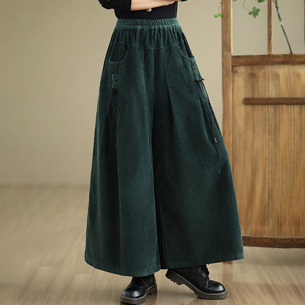 Buddha Stones Women's Pure Color Drawstring Design Wide Leg Corduroy Pants With Pockets - image 25