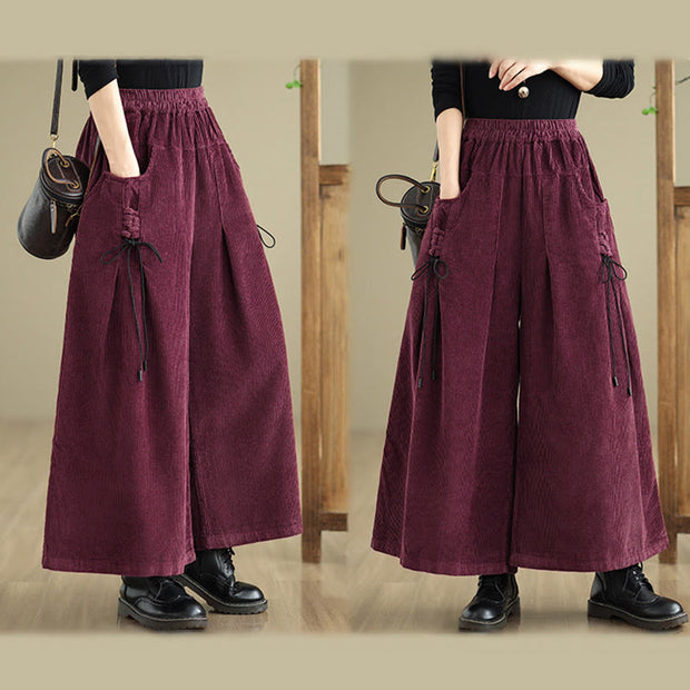 Buddha Stones Women's Pure Color Drawstring Design Wide Leg Corduroy Pants With Pockets - image 5
