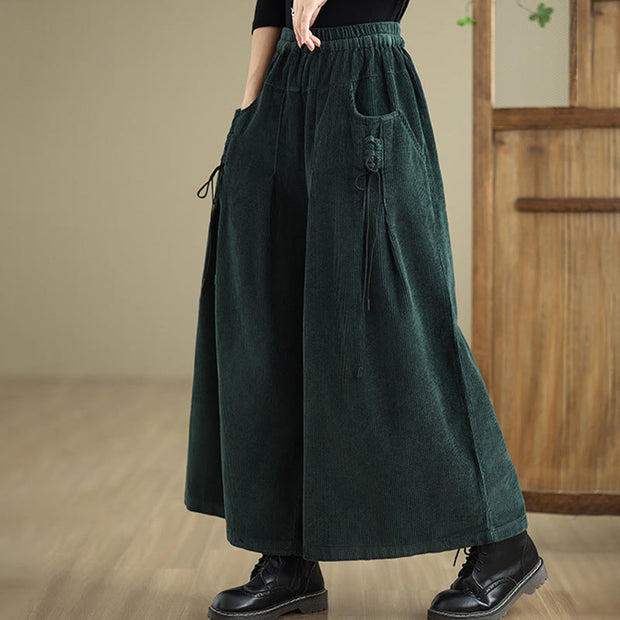 Buddha Stones Women's Pure Color Drawstring Design Wide Leg Corduroy Pants With Pockets - image 23