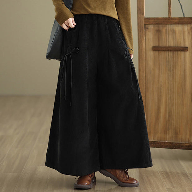 Buddha Stones Women's Pure Color Drawstring Design Wide Leg Corduroy Pants With Pockets - image 13