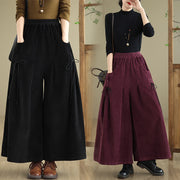 Buddha Stones Women's Pure Color Drawstring Design Wide Leg Corduroy Pants With Pockets - image 31