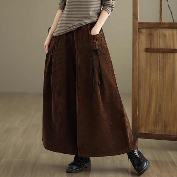 Buddha Stones Women's Pure Color Drawstring Design Wide Leg Corduroy Pants With Pockets - image 17