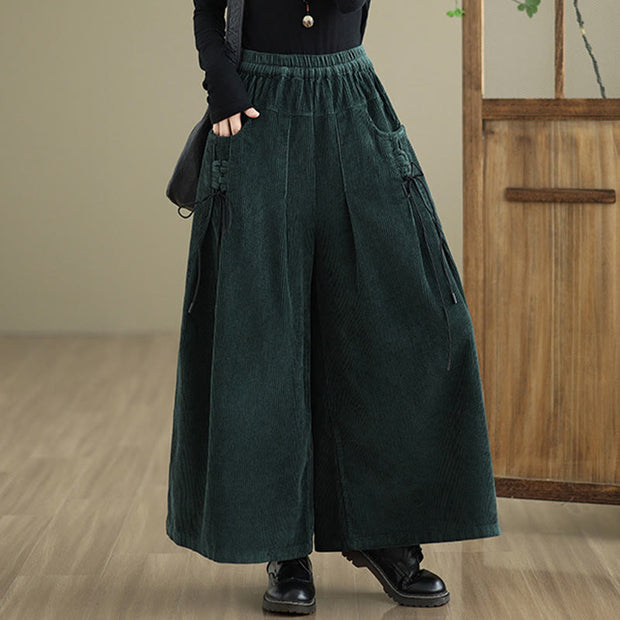 Buddha Stones Women's Pure Color Drawstring Design Wide Leg Corduroy Pants With Pockets - image 27