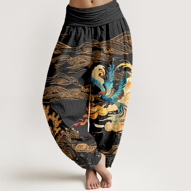 Buddha Stones Phoenix Mountains Landscape Pattern Women's Elastic Waist Harem Pure Cotton Pants - Blcak - US16，UK/AU20，EU48 (3XL) - image 0