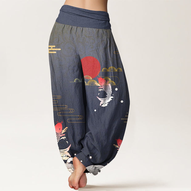 Buddha Stones Koi Fish Red Sun Waves Clouds Pattern Women's Elastic Waist Harem Pure Cotton Pants - image 1