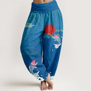 Buddha Stones Koi Fish Red Sun Waves Clouds Pattern Women's Elastic Waist Harem Pure Cotton Pants - SteelBlue - US16，UK/AU20，EU48 (3XL) - image 5