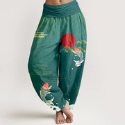 Buddha Stones Koi Fish Red Sun Waves Clouds Pattern Women's Elastic Waist Harem Pure Cotton Pants - DarkCyan - US16，UK/AU20，EU48 (3XL) - image 8