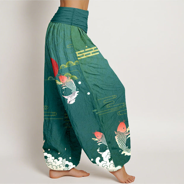Buddha Stones Koi Fish Red Sun Waves Clouds Pattern Women's Elastic Waist Harem Pure Cotton Pants - image 10