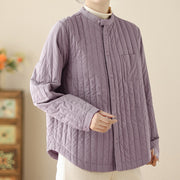 Buddha Stones Women's Stand Collar Simple Design Long Sleeve Thermal Cotton Jacket With Pocket - image 3