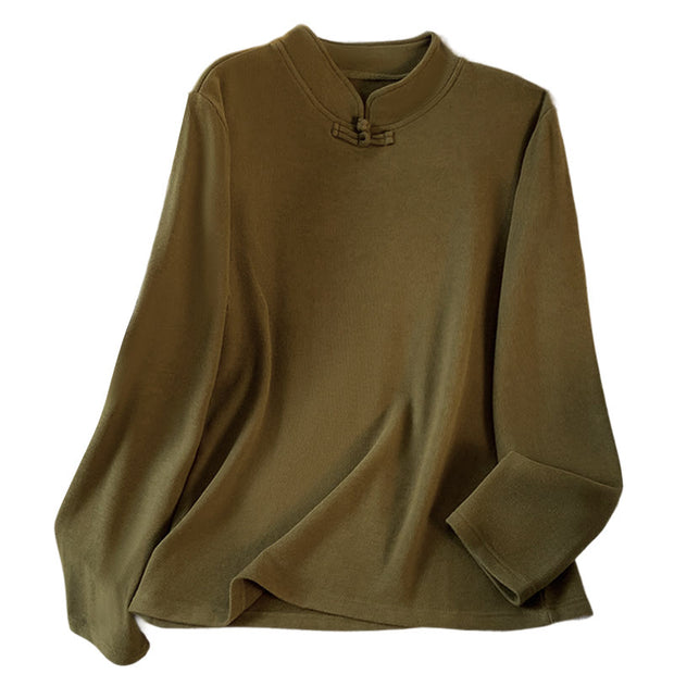 Buddha Stones Spring Solid Color Stand Collar Frog-button Design Women's Cotton Long Sleeve Shirt - image 23